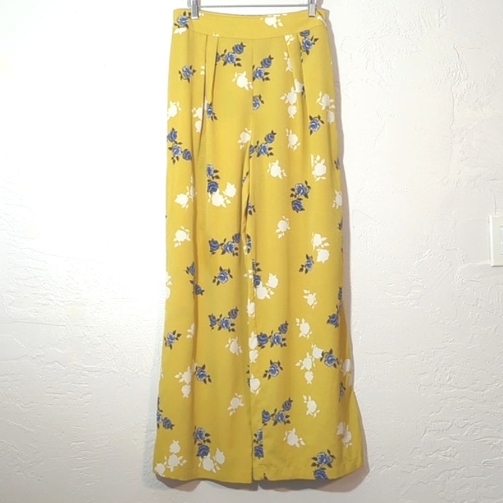 Yellow Floral Flowy Wide Leg Palazzo Pants Colorful Artsy Teacher Office Casual